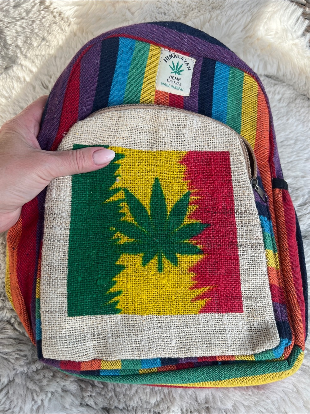 Multicolor Hemp Rasta Stripe Backpack with Leaf Motif